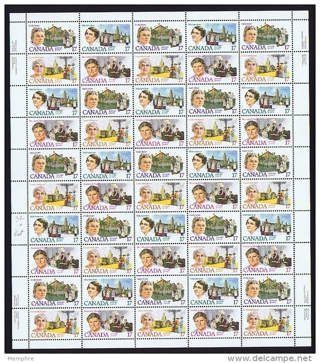 1981  Canadian Feminists Sc879-882 Se-tenant Complete MNH Sheet Of 50 With Inscriptions - Hojas Completas