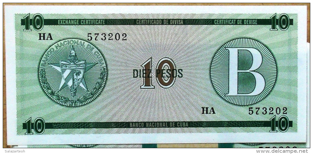 Certificado De Divisa Letra B (Exchange Certificate), Verde, DIEZ (10) PESOS, 1985 UNC, CUBA - Cuba