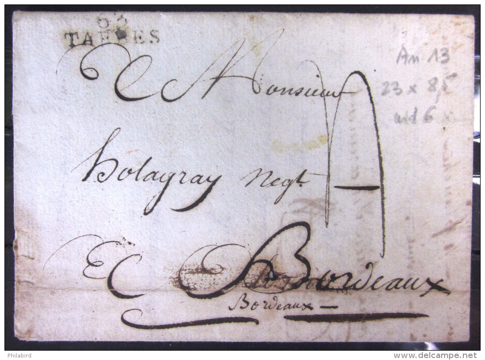 MARQUE LINEAIRE  63 TARBES  --  HAUTES PYRENEES  --  23 X 8.5  --  LAC  --  An 13 - 1801-1848: Precursores XIX