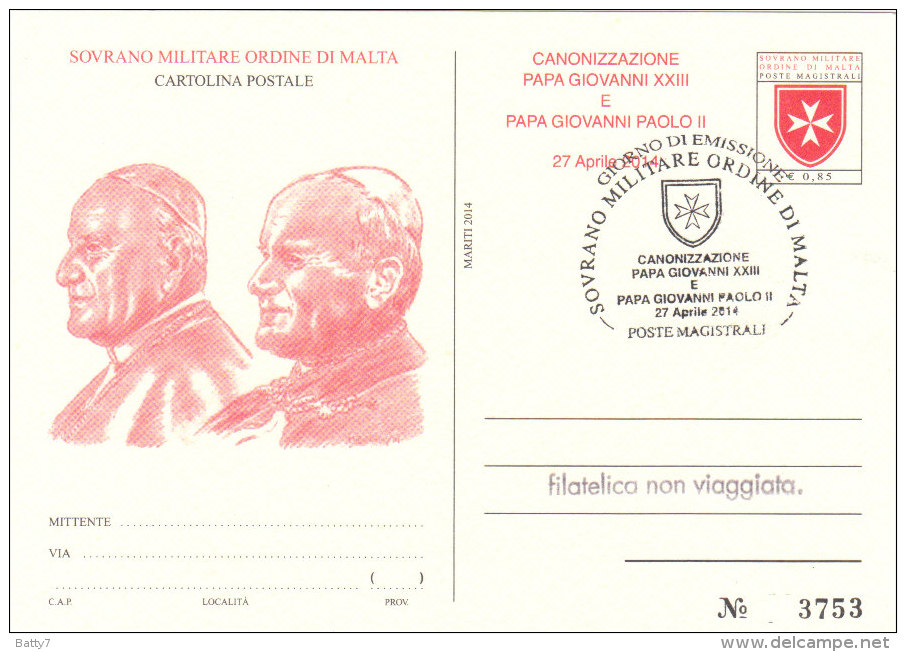 SMOM 2014 CARTOLINA POSTALE CANONIZZAZIONE GIOVANNI PAOLO II E GIOVANNI XXIII - Sovrano Militare Ordine Di Malta