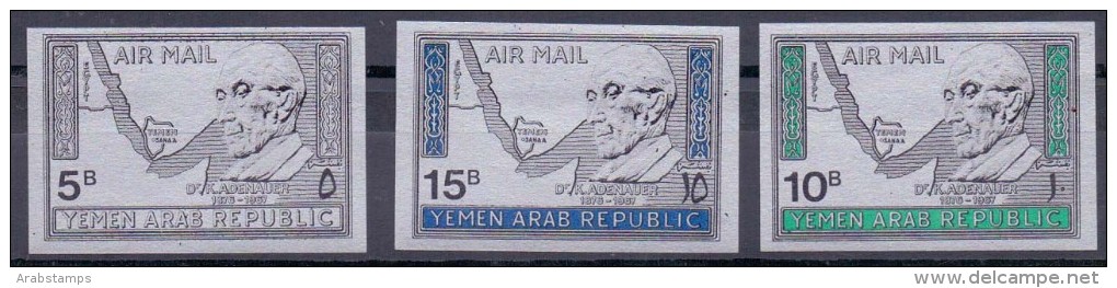 1968 YEMEN ARAB REPUBLIC KONRAD ADENAUER   Complete Set 3 Values Silver Paper Non-perforated   MIC 722-724    MNH - Yémen