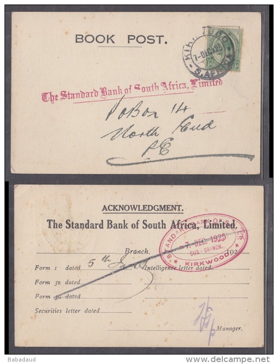 STANDARD  BANK OF SOUTH AFRICA LTD ,KIRKWOOD To  STANDARD BANK PORT ELIZABETH, 1925 - Covers & Documents