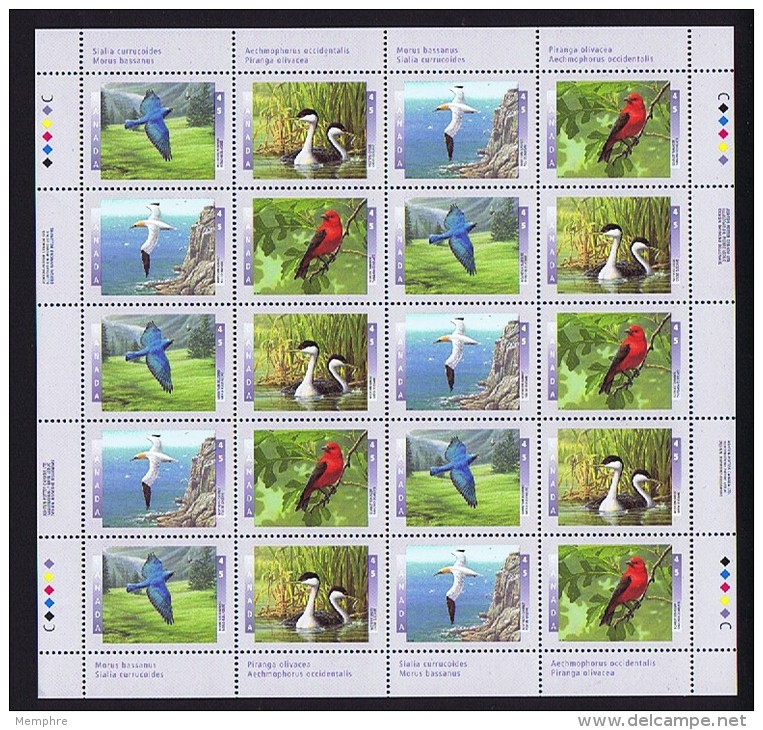 1997  Birds Of Canada: Bluebird, Grebe, Gannet, Tanager  Sc 1631-4 Se-tenant Complete MNH Sheet Of 20 - Fogli Completi