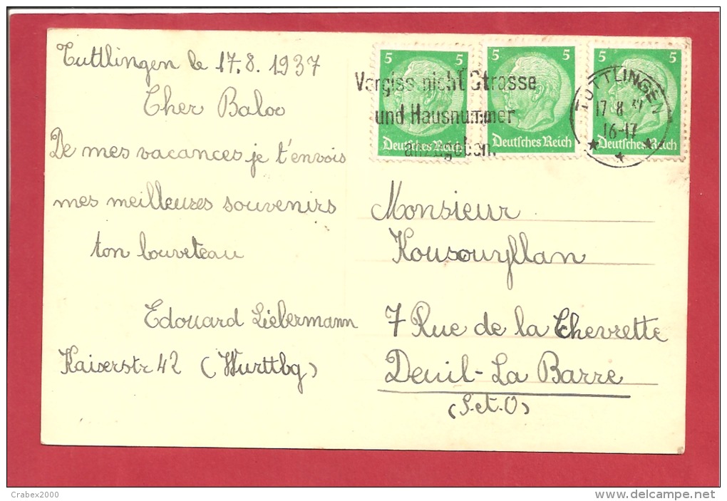 N°Y&T  443X3  TUTTLIGEN       Vers    FRANCE  Le      1937  2 SCANS - Briefe U. Dokumente