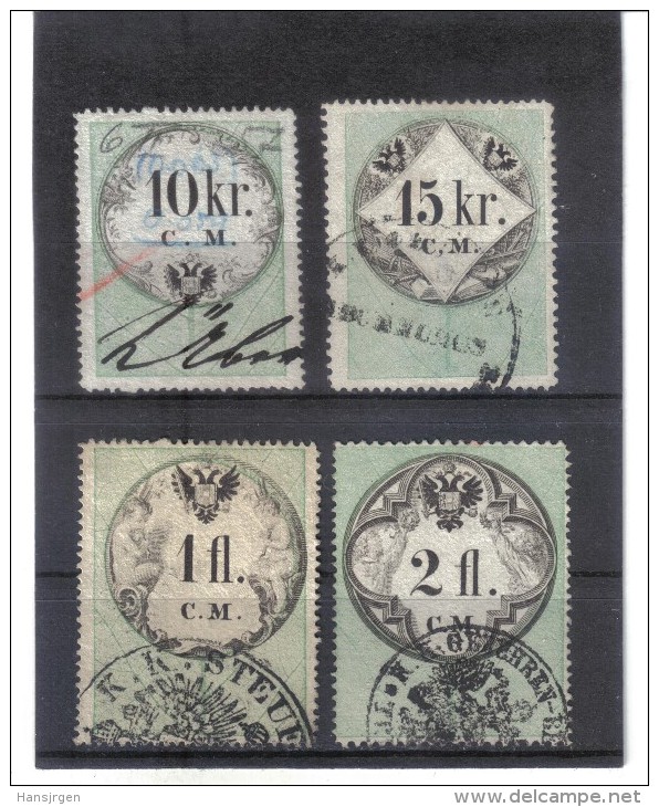 ASU184 LOT STEMPELMARKEN FISKALMARKEN ÖSTERREICH 1854 CM 10+15 KREUZER Und 1+2 GULDEN ENTWERTET - Fiscaux