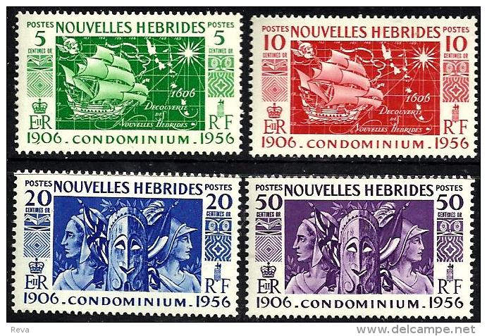 BRITISH NEW HEBRIDES 50 YEARS SHIP WOMAN SET OF 4 STAMPS 5-50 CENTIMES ISSUED 1956 MINT READ DESCRIPTION !! - Neufs