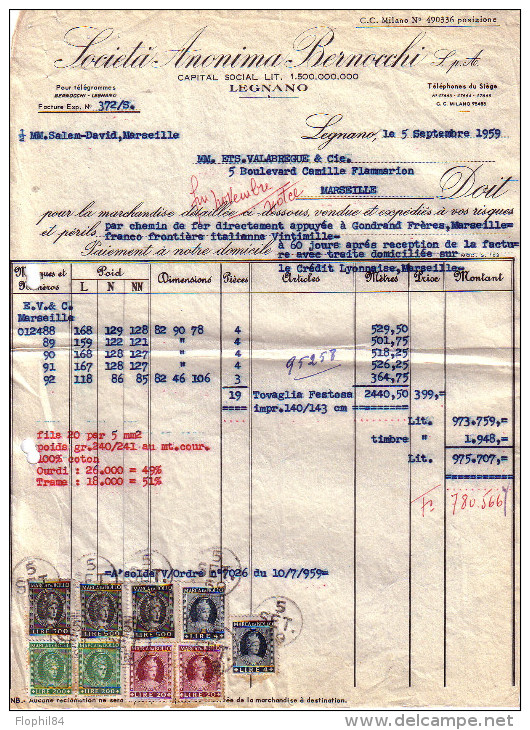 ITALIE -ENSEMBLE DE TIMBRE SUR FACTURE SOCIETA ANONIMA BERNOCCHI LEGNANO EN 1959. - Ohne Zuordnung