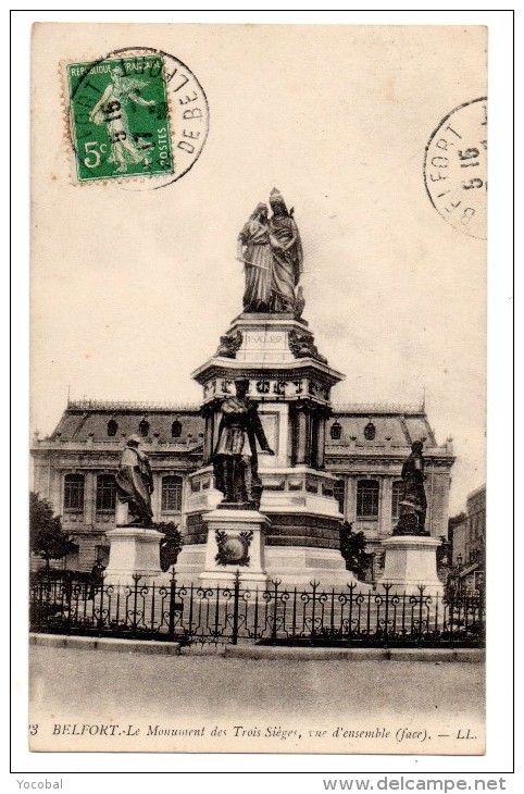 CP, 90, BELFORT, Le Monument Des Trois Sièges, Vue D'ensemble (face), Voyagé En 1913 - Belfort – Siège De Belfort