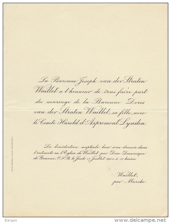 Baronne Doris Van Der Straten Waillet Comte Harold D'aspremont Lynden - Mariage