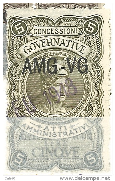 MARCA DA BOLLO REVENUE - TRIESTE AMG VG - CONCESSIONI GOVERNATIVE LIRE 5 - Revenue Stamps
