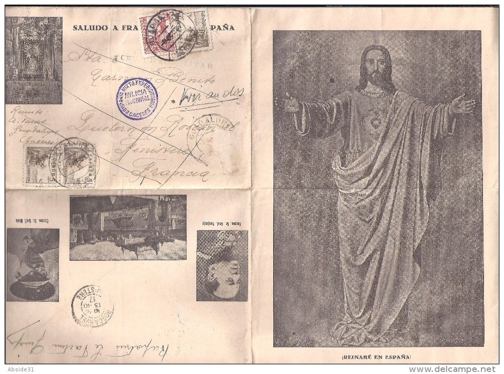 Lettre Illustée Avec Cachet Milicia National - Caceres - Compania Mixta Expedicionaria -1937 - 4 Scans - Marcas De Censura Nacional