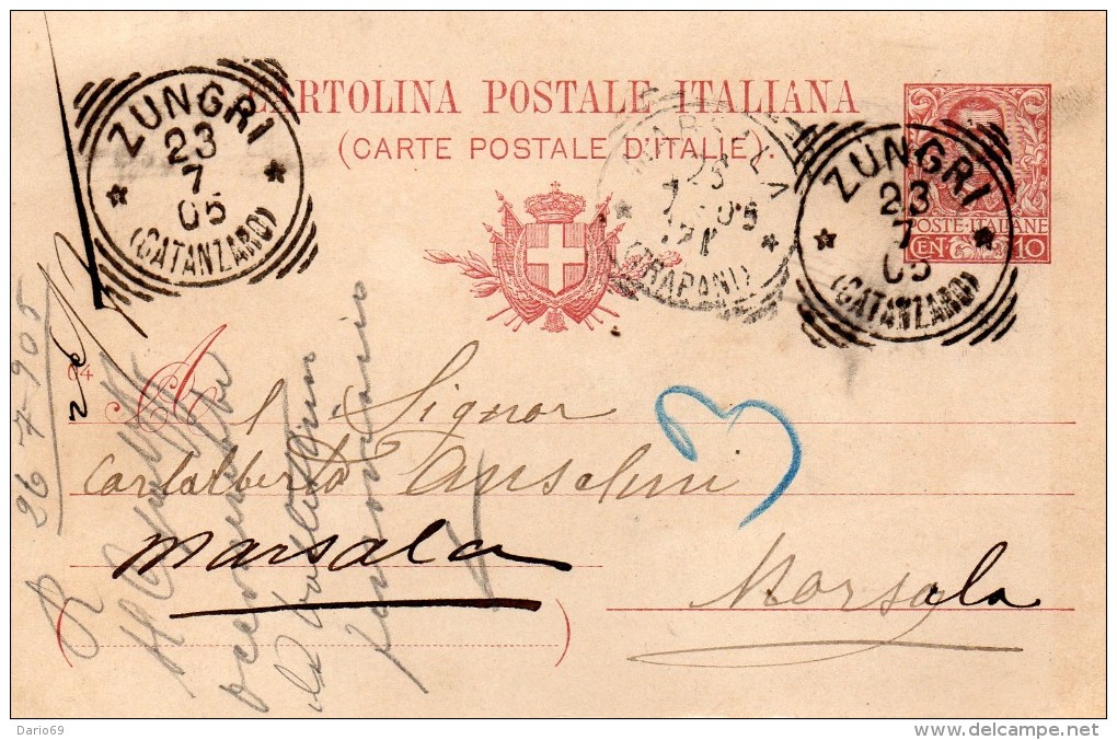 1905   CARTOLINA CON ANNULLO ZUNGRI CATANZARO - Interi Postali