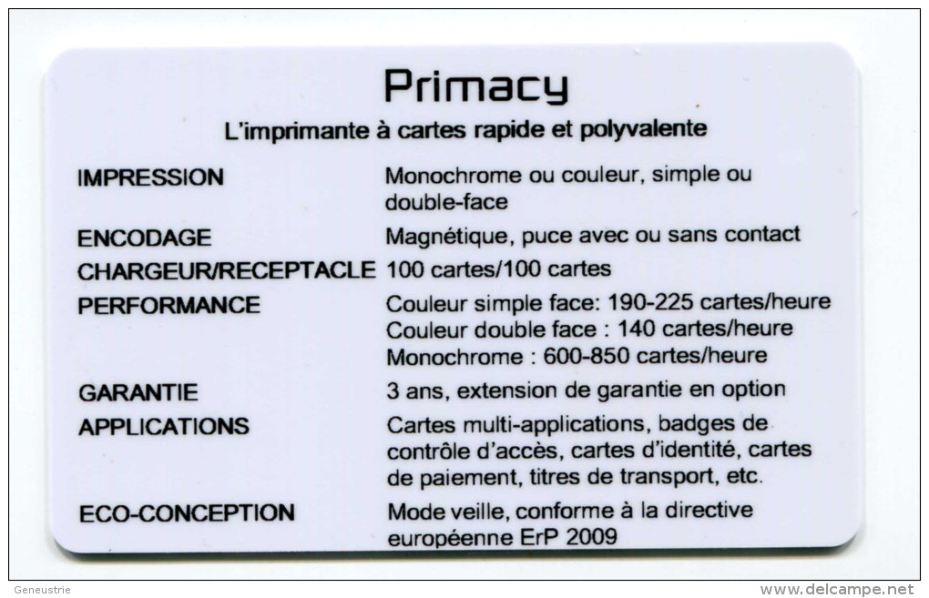 Specimen De Carte "Primacy - Imprimante à Carte" - Evolis - Catalogues