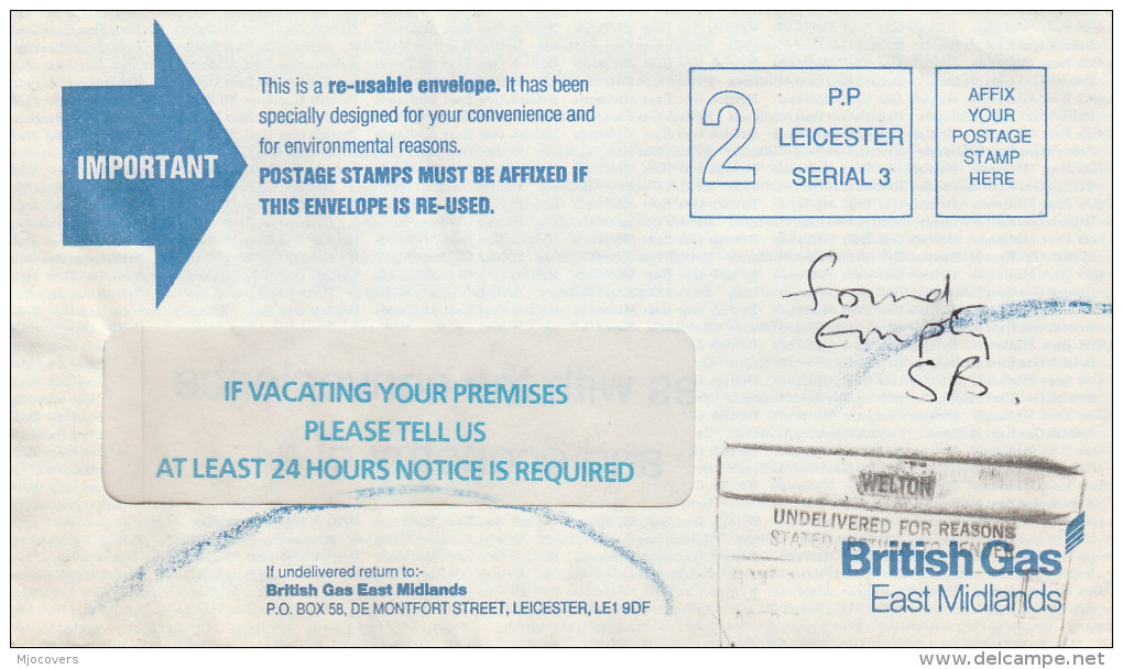 LEICESTER To WELTON British Gas COVER Boxed UNDELIVERED WELTON Cachet RETURNED TO SENDER  Prepaid PPI Stamps Energy Gb - Gaz