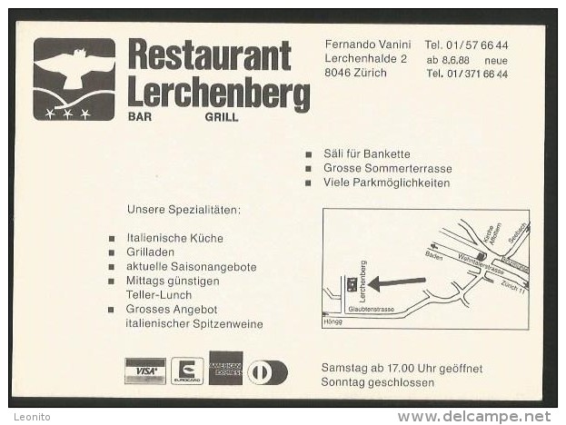 ZÜRICH Affoltern Restaurant LERCHENBERG Werbekarte - Affoltern