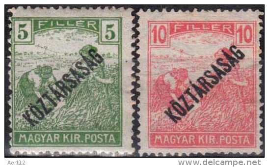 HUNGARY, 1918, Harvesting Wheat, Issues Of The Republic, Overprinted In Black, Sc. 156,158 - Neufs