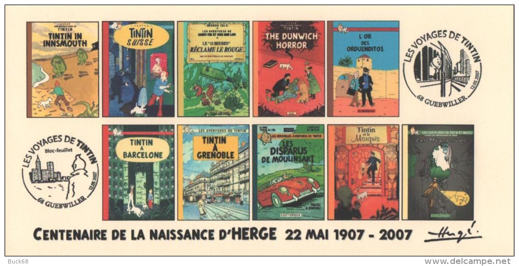 FRANCE 2007 N°19 Albums Fictifs + 2 Cachets Premier Jour FDC TINTIN KUIFJE TIM HERGE GUEBWILLER - Hergé