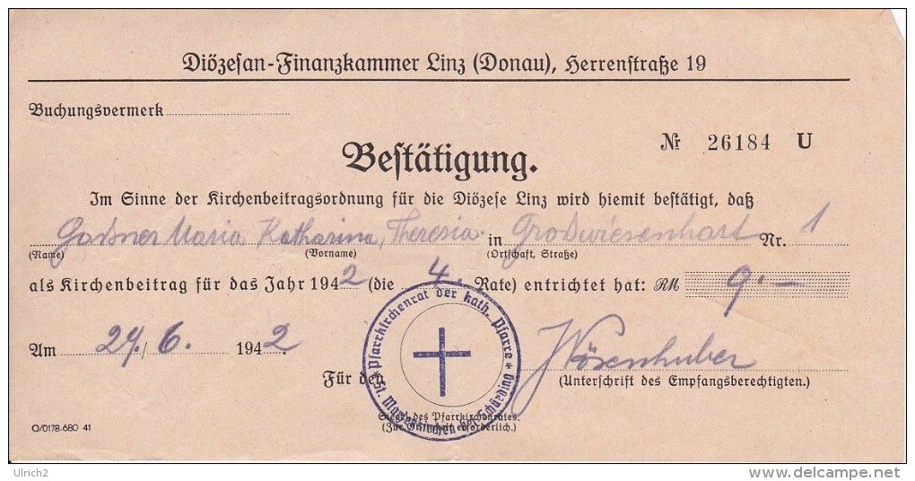 Österreich - Kirchenbeitrags-Bestätigung - Diözese Linz - 1942 (6095) - Historische Dokumente