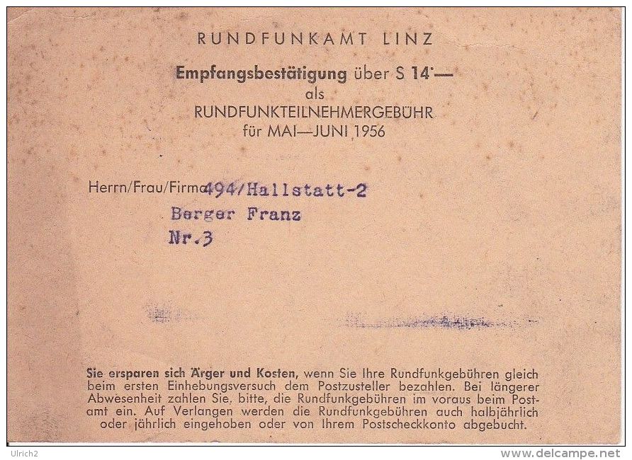 Österreich - Rundfunkamt Linz - Empfangsbestätigung - 1956 (6105) - Historische Dokumente