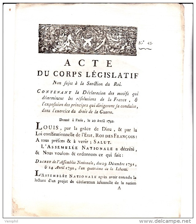 DECRET ACTE DU CORPS LEGISLATIF  1792 -CONDUITE A TENIR DANS L´EXERCICE DU DROIT DE LA GUERRE - - Décrets & Lois