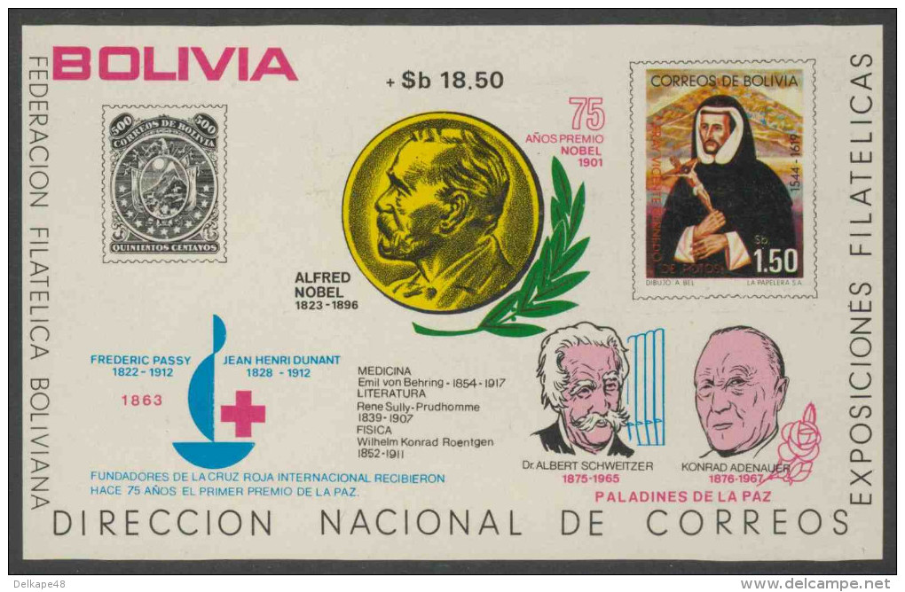 Bolivia 1976 B70 : Mi 913 ** 75th Ann. Nobel Prize Ceremony Since 1901 / 75 Jahre Nobelpreisverleihung - Nobelpreisträger