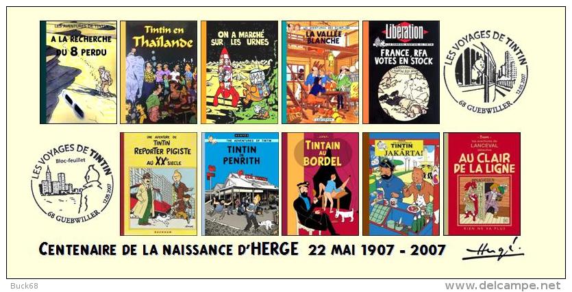 FRANCE 2007 N°37 Albums Fictifs + 2 Cachets Premier Jour FDC TINTIN KUIFJE TIM HERGE GUEBWILLER - Hergé