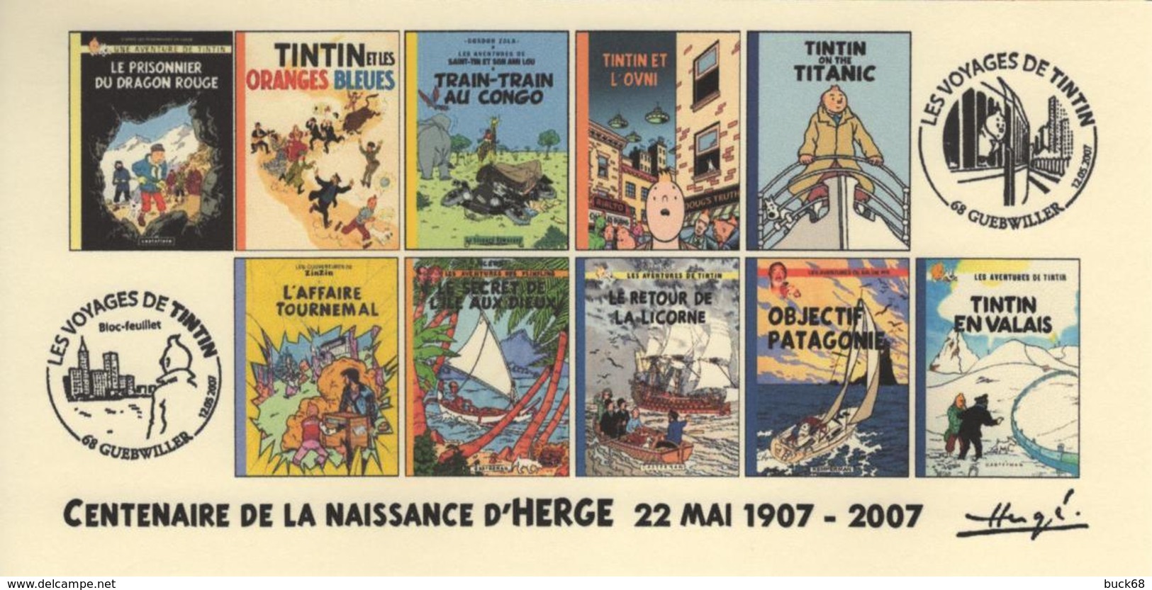 FRANCE 2007 N°42 Albums Fictifs + 2 Cachets Premier Jour FDC TINTIN KUIFJE TIM HERGE GUEBWILLER - Hergé