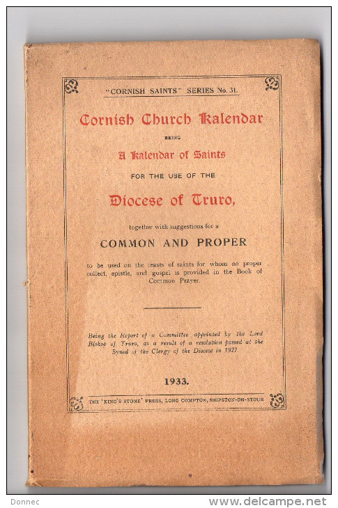 Cornish Church Kalendar .....  Truro  , ( Cornouaille Anglaise , Envoi G. H. Doble Au Vicomte De La Messelière, Saints . - Autres & Non Classés