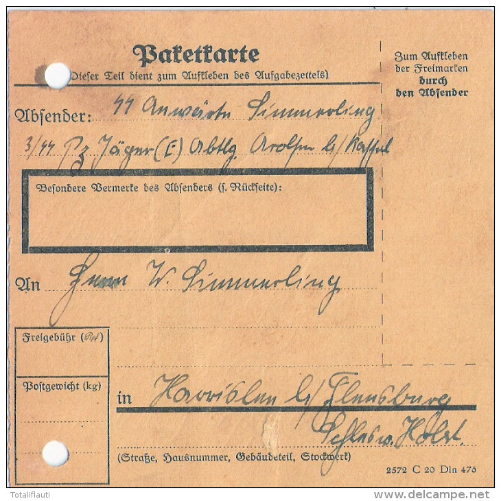 SS Feldpost Paketkarte AROLSEN SS Verfügungstruppe 3. Panzerjäger Nach Harrislee über Flensburg - Briefe U. Dokumente