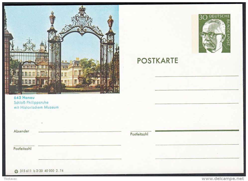 Germany 1974, Illustrated Postal Stationery "Castle Philippsruhe In Hanau", Ref.bbzg - Cartes Postales Illustrées - Neuves