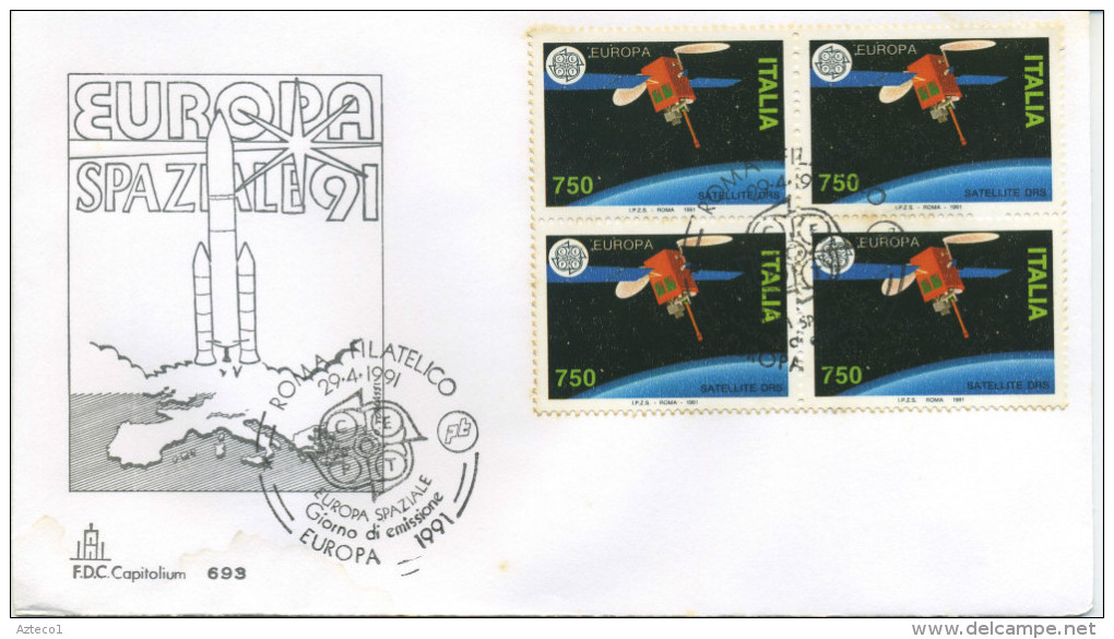 ITALIA - FDC  CAPITOLIUM 1991 - EUROPA UNITA - SPAZIO - QUARTINE - FDC