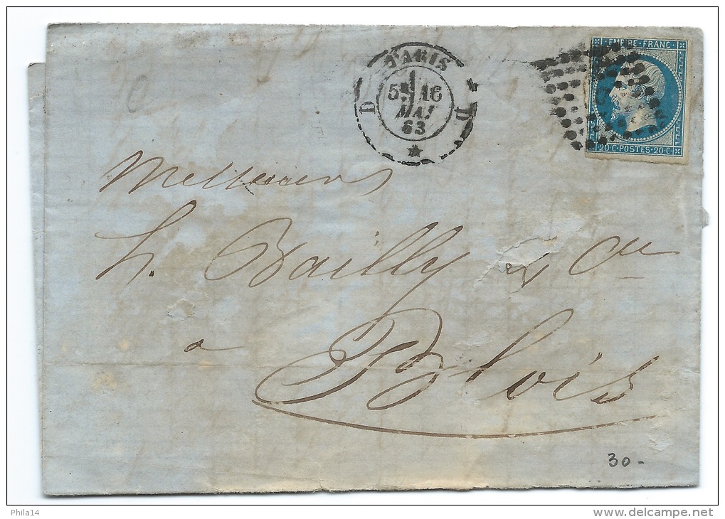 N° 14 BLEU NAPOLEON SUR LETTRE / PARIS 1863 POUR BLOIS / USAGE TARDIF - 1849-1876: Période Classique