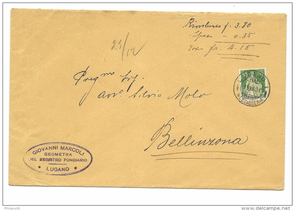 Suisse 1931, Bellinzona Ticino Tessin, Lettre Rimborso, Pour  Bellinzona, Helvétie 35 Cent, Belle Oblitération Centrée - Storia Postale