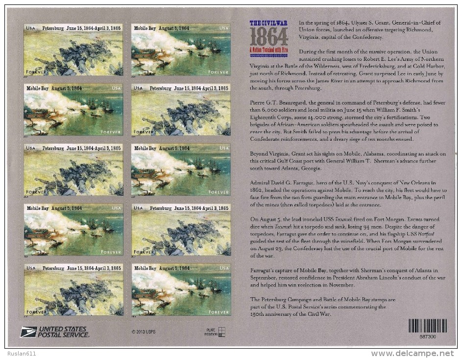 USA 2013 The Civil War 1861 MNH Sheet Of 12 Self-Adhesive Stamps - Unused Stamps