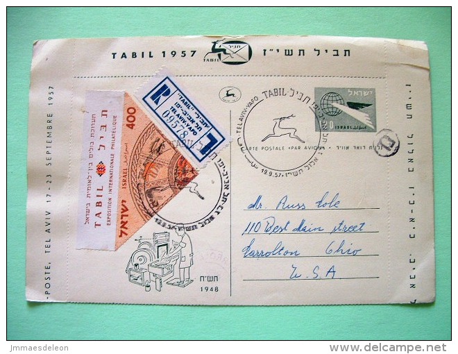 Israel 1957 Pre Paid Postcard To USA - Special Deer Cancel - Triangle Zodiac Stamp - Cartas & Documentos