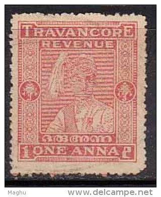 Revenue Of One Anna Used, Travancore,  British India - Travancore-Cochin