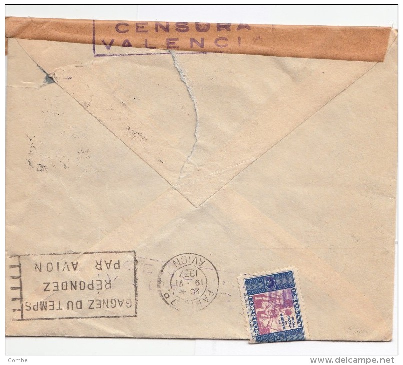 1937, LETTRE ESPAGNE,  CENSURA VALENCIA, VALENCIA HEXAGONAL Pour PARIS, 9 TIMBRES + 2 BIENFAISANCE  /2292 - Marques De Censures Républicaines