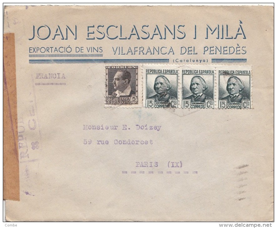 1936, LETTRE ESPAGNE,  CENSURA REPUBLICA, VILAFRANCA DEL PENEDES Pour PARIS,  /4748 - Marcas De Censura Republicana