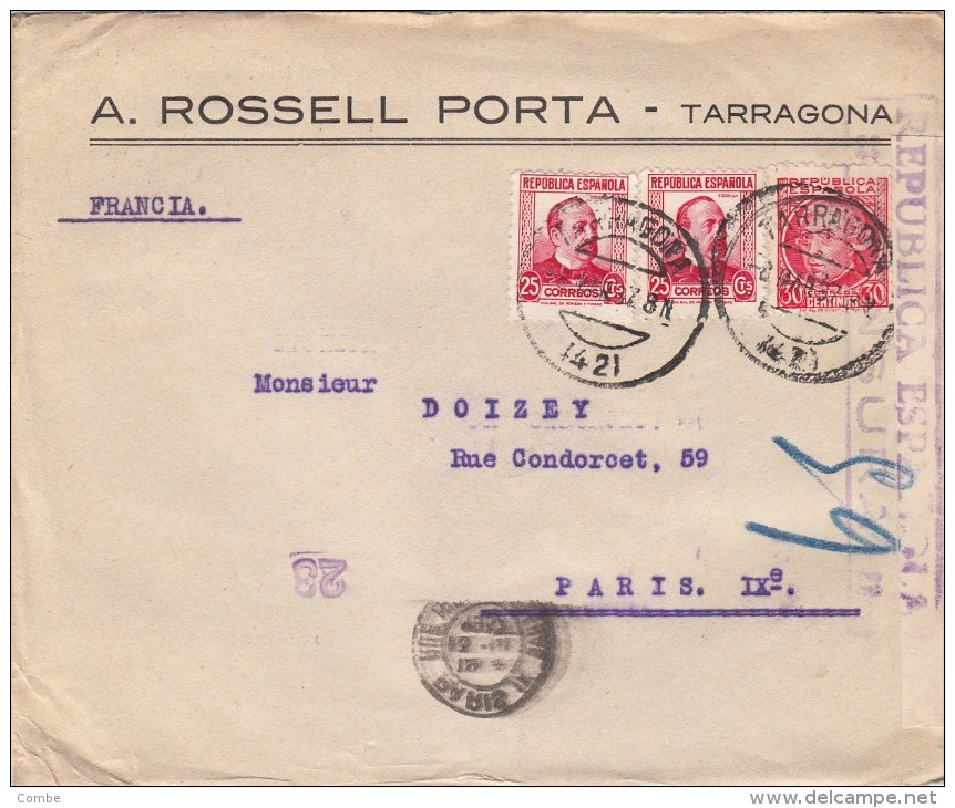 1937, LETTRE ESPAGNE,  CENSURA REPUBLICA 23, TARRAGONA Pour PARIS,  /3357 - Marques De Censures Républicaines