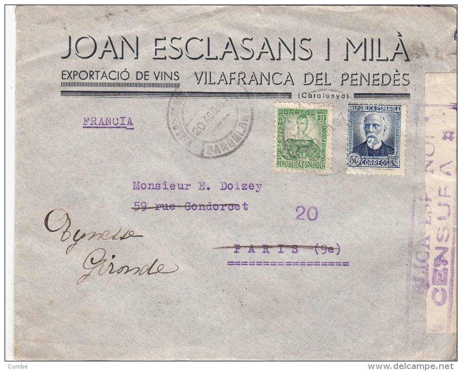 1937, LETTRE ESPAGNE,  CENSURA REPUBLICA 20, VILAFRANCA DEL PENEDES Pour PARIS,  /3569 - Marques De Censures Républicaines