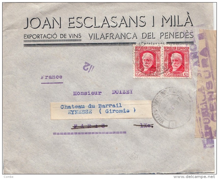 1937, LETTRE ESPAGNE,  CENSURA REPUBLICA 112, VILAFRANCA DEL PENEDES Pour PARIS,  /4983 - Marques De Censures Républicaines