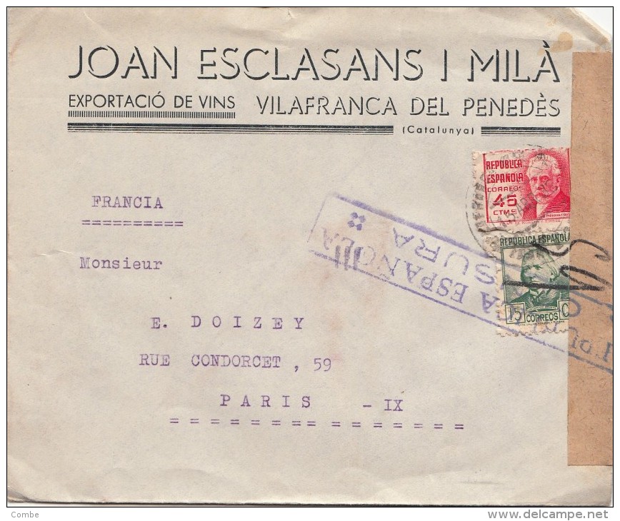 1938, LETTRE ESPAGNE,  CENSURA REPUBLICA , VILAFRANCA DEL PENEDES Pour PARIS,  /4153 - Marques De Censures Républicaines