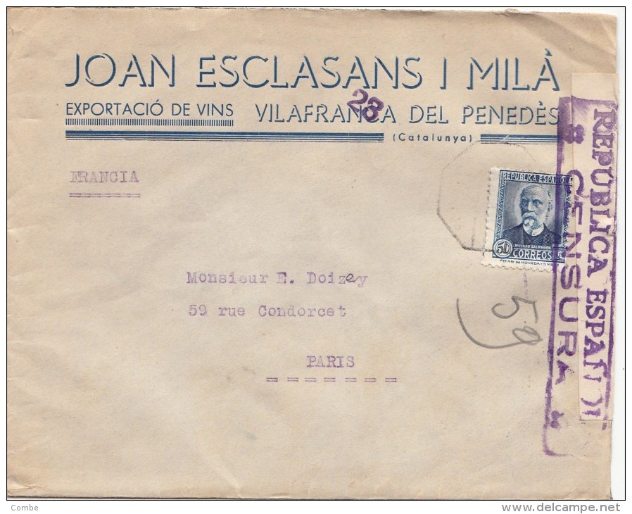 1937, LETTRE ESPAGNE,  CENSURA REPUBLICA 23 , VILAFRANCA DEL PENEDES Pour PARIS,  /331 - Marques De Censures Républicaines