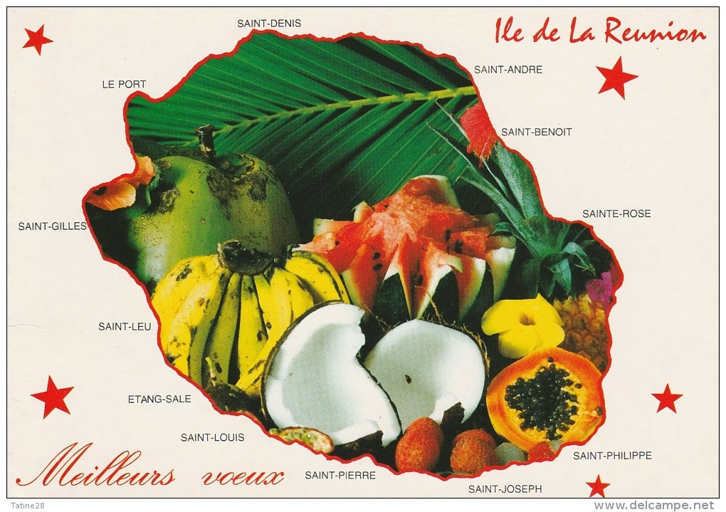 ILE DE LA REUNION MEILLEURS VOEUX CARTE DE L'ILE AVEC FRUITS TROPICAUX ET VILLES PRINCIPALES - Autres & Non Classés