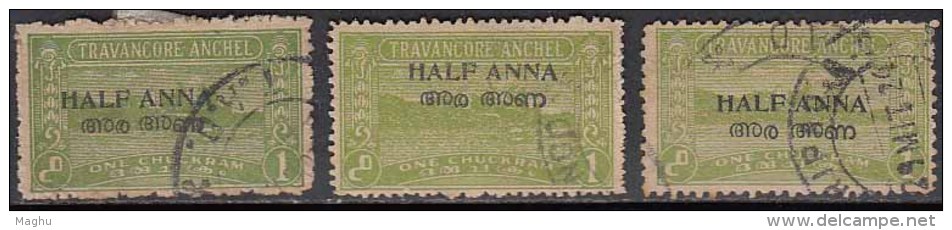 3 Diff., Shade / Perf., Variety, Half Anna, Travancore Cochin Used 1949 - Travancore-Cochin