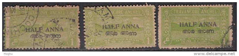 3 Diff., Shade / Perf., Variety, Half Anna, Travancore Cochin Used 1949 - Travancore-Cochin