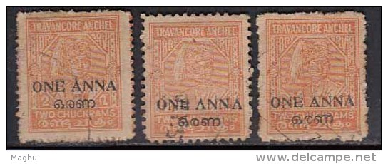 3 Diff., Shade / Perf., Variety, One Anna, Travancore Cochin Used 1949 - Travancore-Cochin