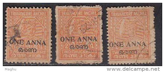 3 Diff., Shade / Perf., Variety, One Anna, Travancore Cochin Used 1949 - Travancore-Cochin