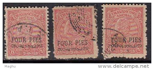 3 Diff., Shade / Perf., Variety, Four Pies, Travancore Cochin Used 1949 - Travancore-Cochin