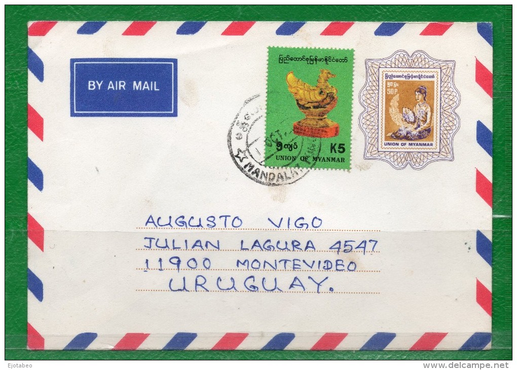 1 MAYNMAR (Burma 1948...Entero Postal Circulado A Montevideo   (Distrito Nº 4) - Myanmar (Birma 1948-...)